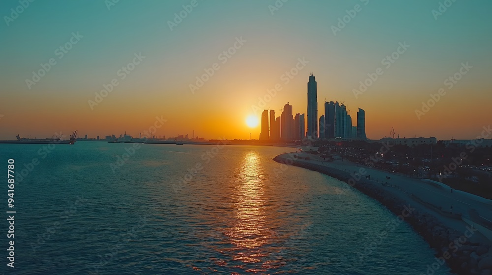 Breathtaking sunset over a modern skyline reflecting on the water. Breathtaking sunset over a modern skyline reflecting on the water.