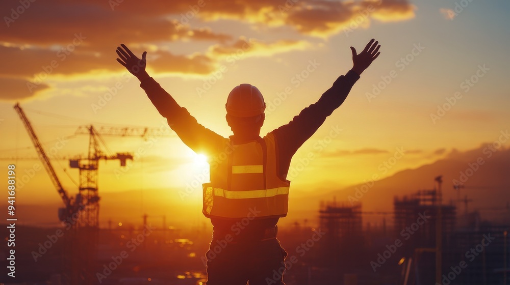 Fototapeta premium Arms raised in triumph, a construction worker stands tall at sunset, with a bustling site in the background.