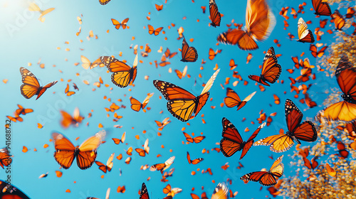 A captivating photograph of a swarm of monarch butterflies fluttering across a bright blue sky,   photo