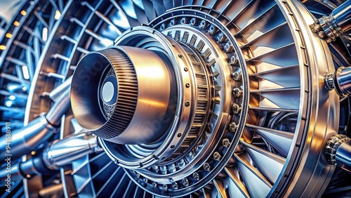 A close-up of a shiny aircraft engine's intricate turn pattern, showcasing the complex network of metal components and spinning turbine blades in motion. photo