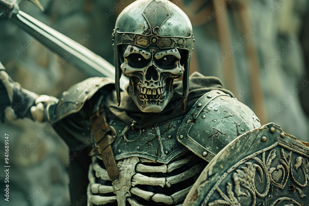 Skeleton Warrior Wields a Sword and Shield in a Haunting Cemetery on Halloween Night Skeleton Warrior Wields a Sword and Shield in a Haunting Cemetery on Halloween Night