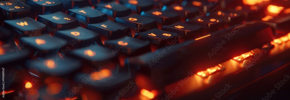 Fototapeta premium Close-up of a Black Keyboard with Orange Backlighting