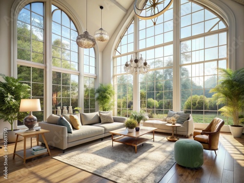 Ethereal Living Room: Soaring ceilings, large windows, light-filled, pastel tones, organic shapes photo