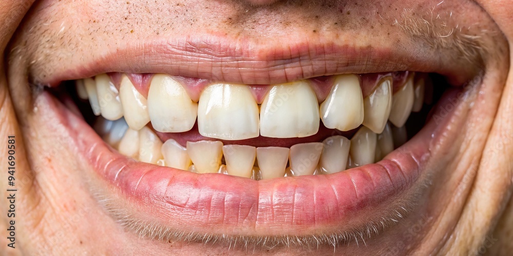 Fototapeta premium A close-up of a worn, neglected smile with noticeable chips and cracks on the front teeth, revealing imperfections and signs of wear and tear.