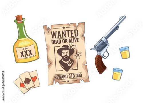 Wild West Wanted Poster With Gun, Whiskey Bottle, Playing Cards And Glasses In Cartoon Style. Vintage Vector Elements