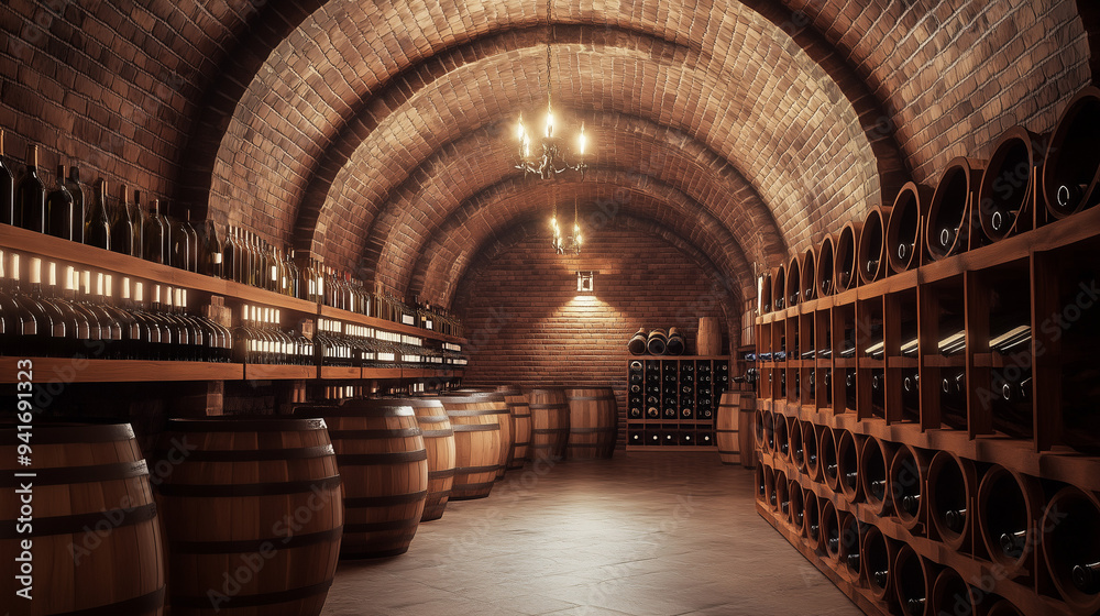 Fototapeta premium Estetyczna piwnica winna, ulokowana pod ziemią, z charakterystycznym łukowym sufitem z cegły, w której znajdują się drewniane beczki oraz starannie poukładane butelki wina na drewnianych regałach.