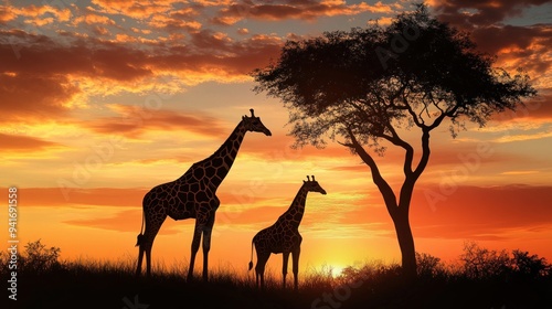 Silhouettes of Giraffes at Sunset in the African Savanna