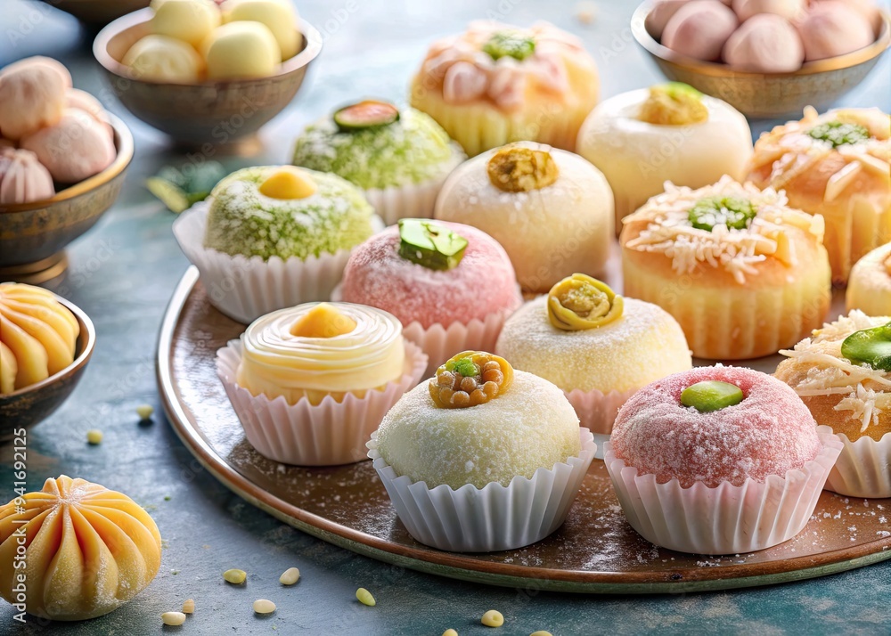 Ethereal Pastel Delight: Pastel-hued Eid sweets with a dreamy, ethereal ambiance, featuring delicate textures and soft hues. Ethereal Pastel Delight: Pastel-hued Eid sweets with a dreamy, ethereal ambiance, featuring delicate textures and soft hues.