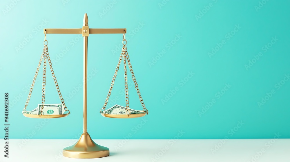 Financial balance, scales with money on each side, 3D illustration Financial balance, scales with money on each side, 3D illustration