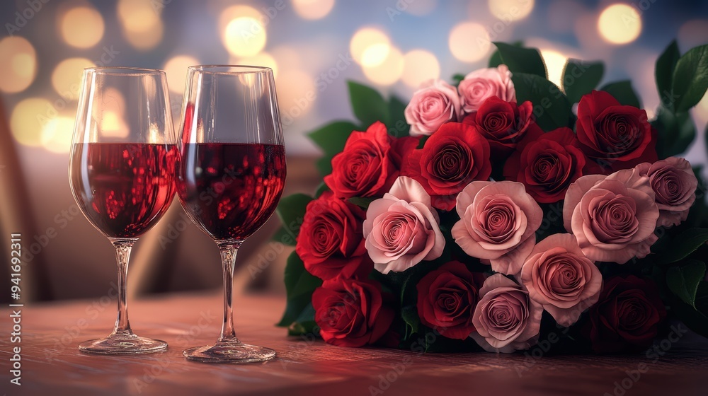 Two glasses of red wine arranged for a Valentine's Day card on February 14th, background with selective focus Two glasses of red wine arranged for a Valentine's Day card on February 14th, background with selective focus