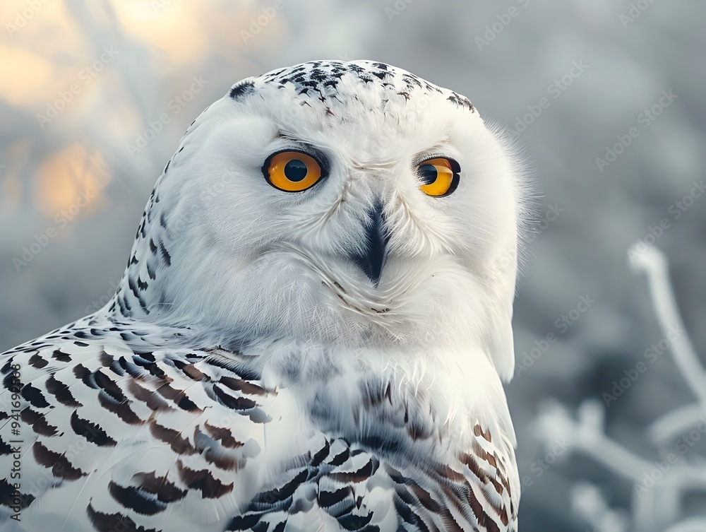 Obraz premium Piercing Yellow Eyed Snowy Owl Scrutinizing the Frosty Landscape in Stunning Close Up Portrait Shot
