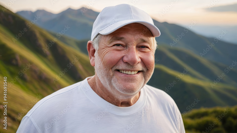 Plus size senior man wearing white t-shirt and white baseball cap standing on a mountain Plus size senior man wearing white t-shirt and white baseball cap standing on a mountain