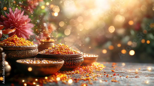 A close-up of a Navratri puja thali surrounded with marigold flowers and diyas photo