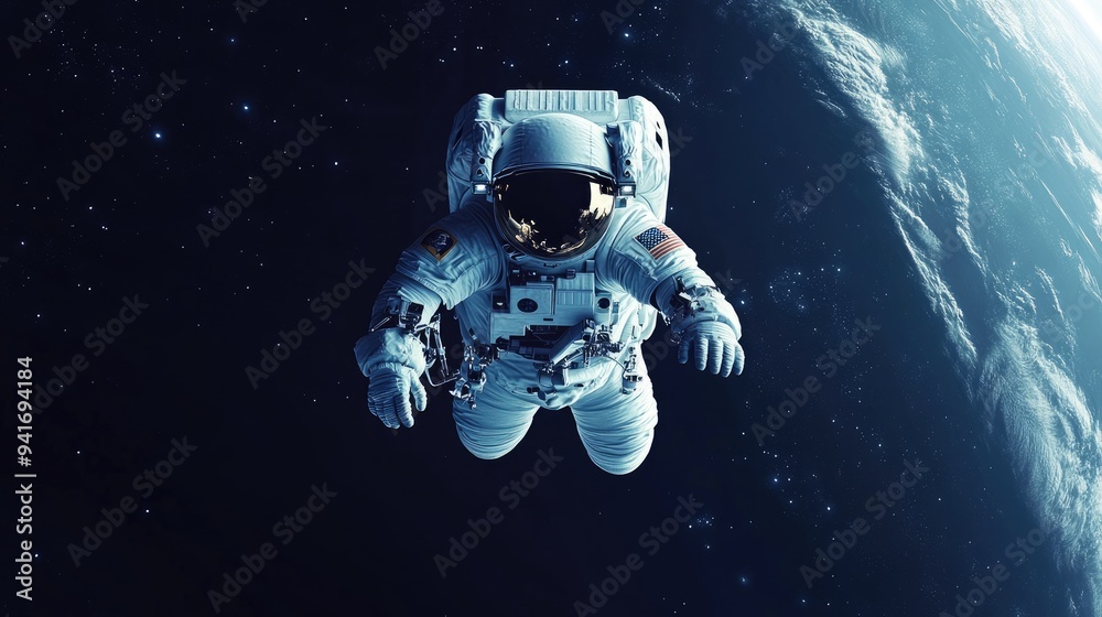 An astronaut hovers weightlessly in the 3D stratosphere, with the blue hues An astronaut hovers weightlessly in the 3D stratosphere, with the blue hues