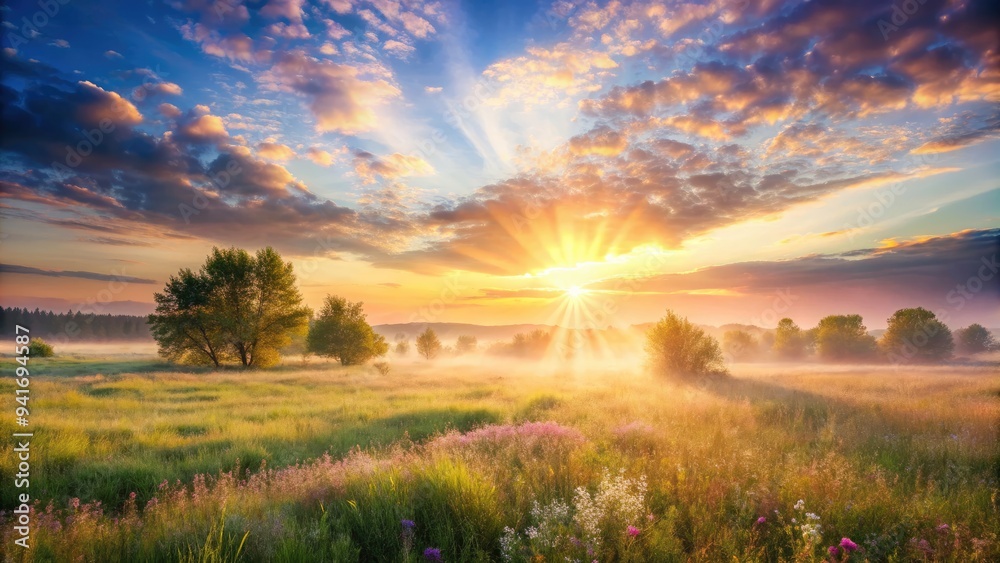 Fototapeta premium Ethereal Sunshine - Dreamy, Pastel Hues, Soft Lighting, Open Fields, Serene
