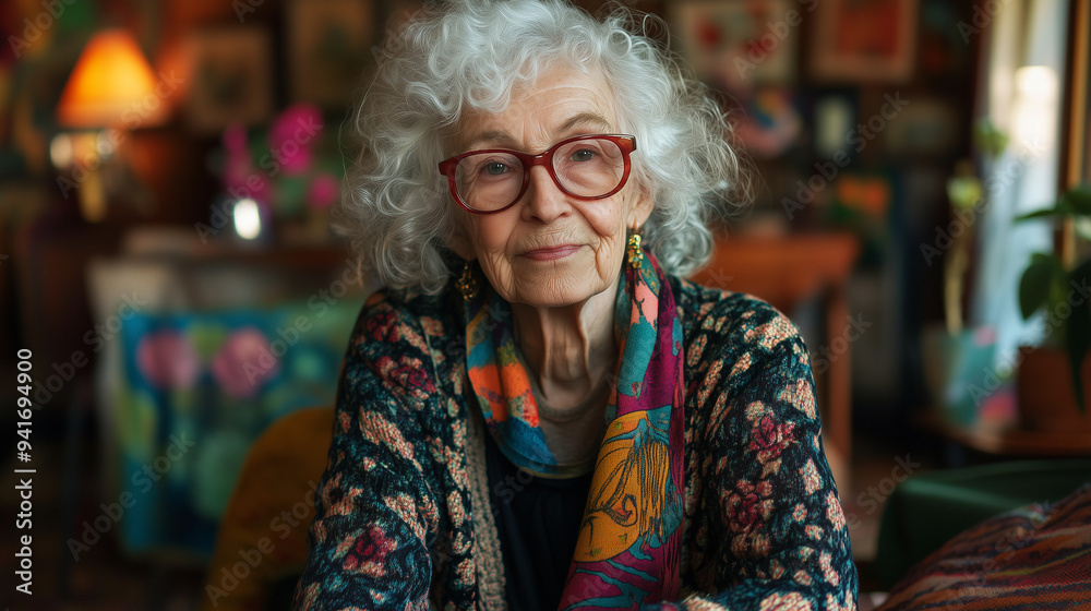 Obraz premium Starsza pani z kręconymi, białymi włosami i okularami, w swetrze z wzorem i kolorowym szaliku, siedzi w przytulnym pokoju o ciepłym świetle.