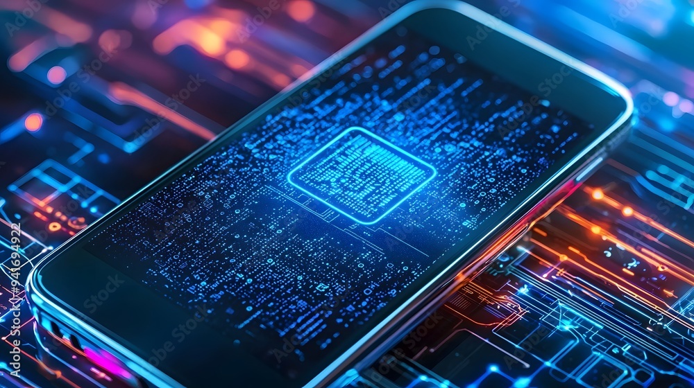 Close-up of a smartphone displaying a glowing circuit board design. Close-up of a smartphone displaying a glowing circuit board design.