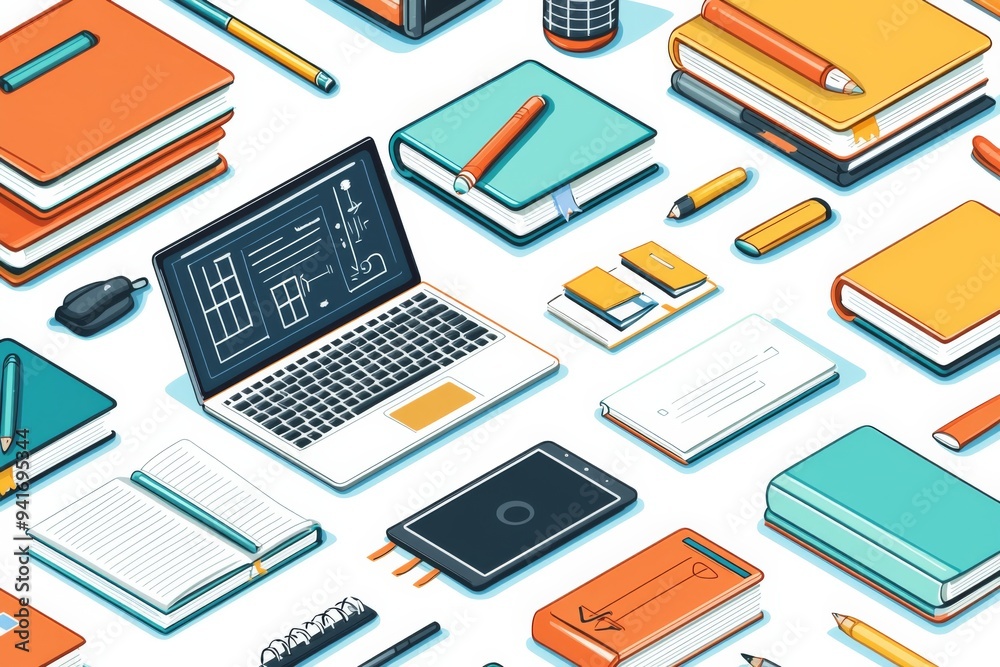 Illustration of educational learning tools set on table created with Generative AI Illustration of educational learning tools set on table created with Generative AI