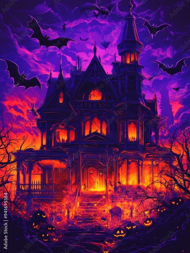 A vibrant and spooky image of a haunted house with glowing neon outlines. The house is surrounded by bats flying in a purple and orange sky. In the foreground, glowing pumpkins and jack-o'-lanterns il A vibrant and spooky image of a haunted house with glowing neon outlines. The house is surrounded by bats flying in a purple and orange sky. In the foreground, glowing pumpkins and jack-o'-lanterns il