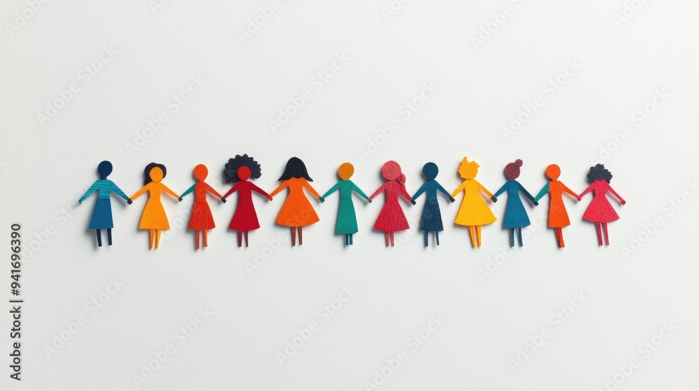 Diverse paper cutout figures, holding hands on a white background. Subtle shadows create depth, underscoring themes of unity, diversity, and inclusiveness. Diverse paper cutout figures, holding hands on a white background. Subtle shadows create depth, underscoring themes of unity, diversity, and inclusiveness.