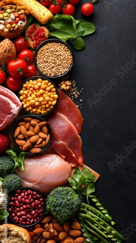 Fresh and colorful assortment of meats, vegetables, and nuts on a dark background for a healthy meal preparation.