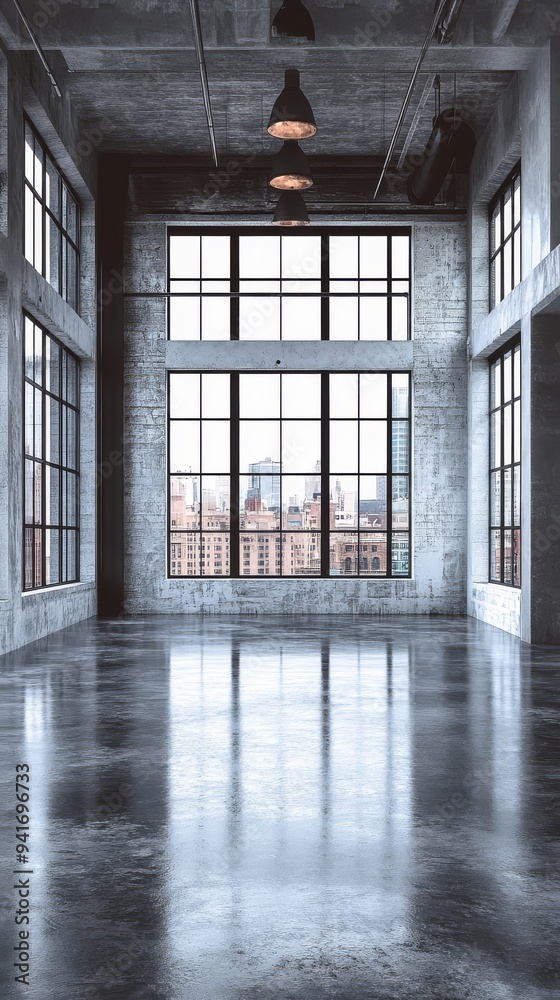 Modern industrial loft with large windows overlooking the cityscape, featuring exposed concrete walls and polished floors. Modern industrial loft with large windows overlooking the cityscape, featuring exposed concrete walls and polished floors.
