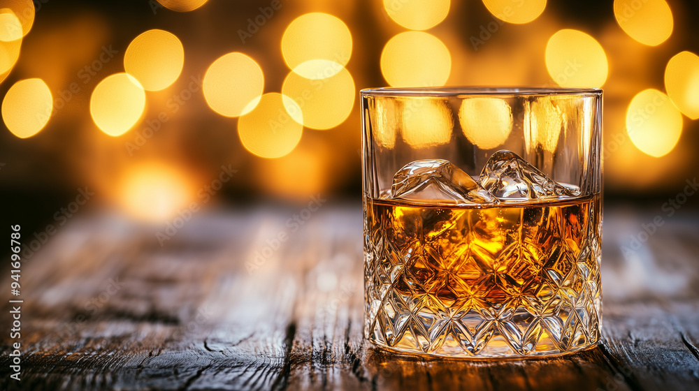 Kryształowe szklanki z whisky o złotobrązowej barwie na lodzie, ustawionej na rustykalnym drewnianym stole, z ciepłymi bokeh'owymi światełkami w tle. Kryształowe szklanki z whisky o złotobrązowej barwie na lodzie, ustawionej na rustykalnym drewnianym stole, z ciepłymi bokeh'owymi światełkami w tle.