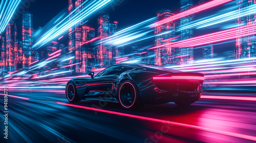 Futuristic Sports Car Speeding Through Neon Cityscape