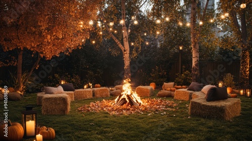 Welcoming autumn gathering around a backyard bonfire with hay bales for seating, firelight illuminating pumpkins, fallen leaves, and lanterns, evoking warmth and festivity