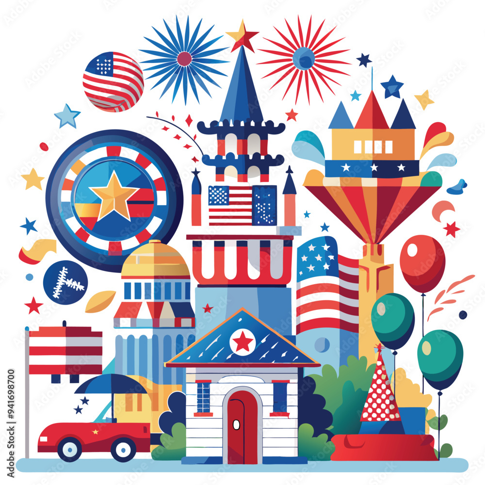 Independence day 4th of july | Independence Day poster, banner, foil balloon flyer, paper fan, and confetti for July 4. American flag colors. Minimalism flat lay design. Independence day 4th of july | Independence Day poster, banner, foil balloon flyer, paper fan, and confetti for July 4. American flag colors. Minimalism flat lay design.