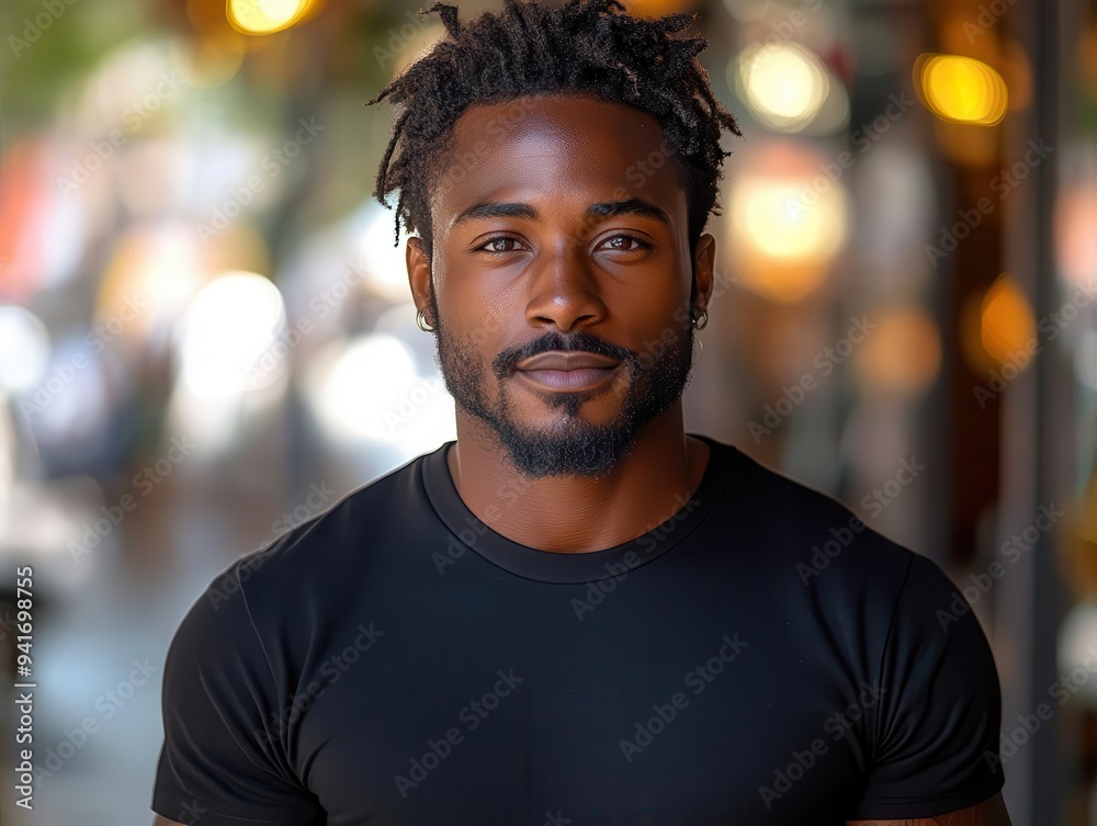 confident african american man in fitted black tshirt urban setting with soft bokeh natural lighting emphasizing texture and fit for mockup purposes confident african american man in fitted black tshirt urban setting with soft bokeh natural lighting emphasizing texture and fit for mockup purposes