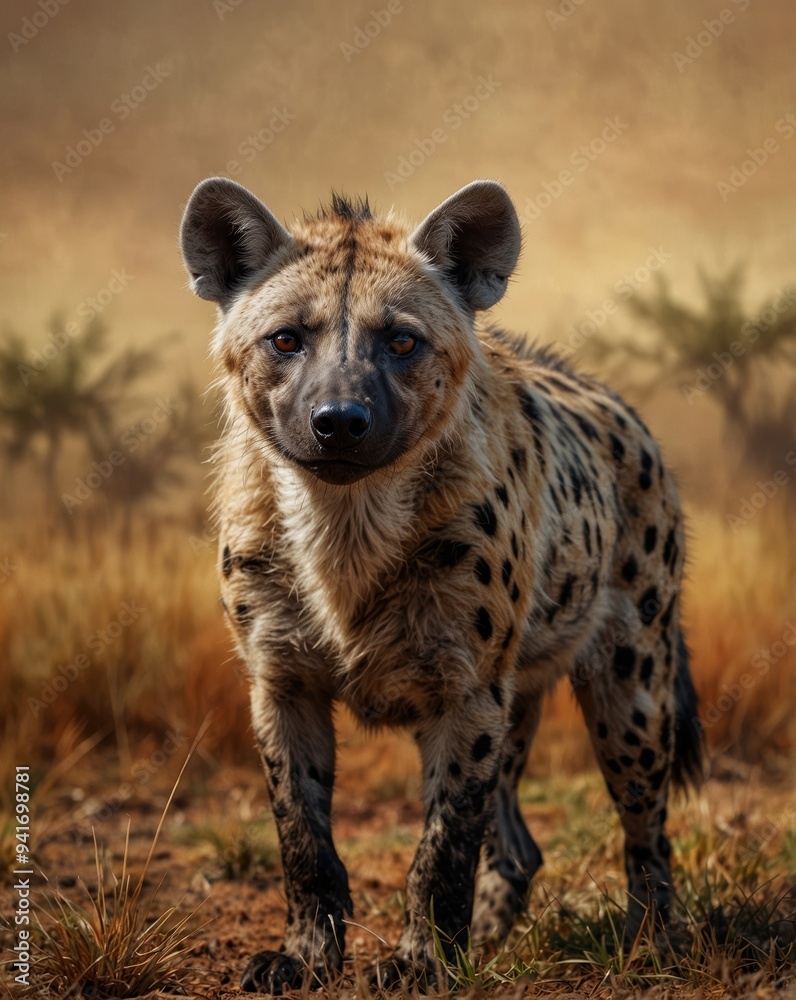 Illustration of a hyena standing in the grass with its head down. Safari, Wildlife, Nature, Africa Illustration of a hyena standing in the grass with its head down. Safari, Wildlife, Nature, Africa