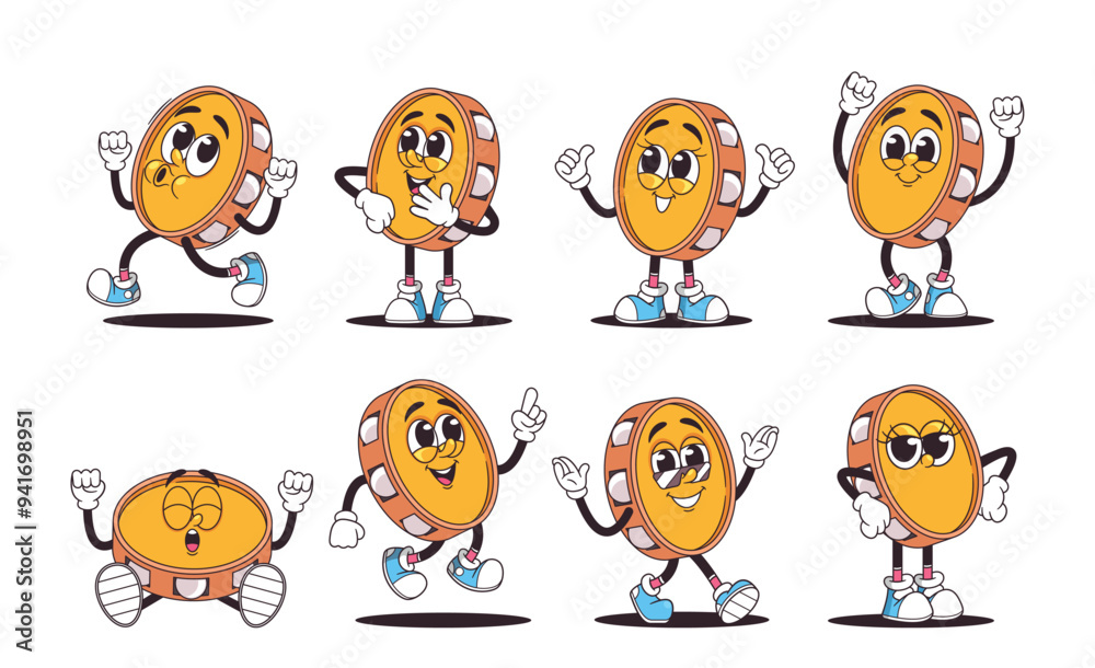 Set Of Retro Cartoon Style Tambourine Musical Instrument With Various Facial Expressions, Emotions And Poses Set Of Retro Cartoon Style Tambourine Musical Instrument With Various Facial Expressions, Emotions And Poses