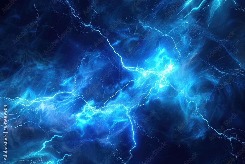 A dark blue and black background with electric lightning strikes