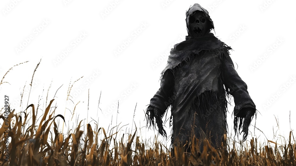 Fototapeta premium Twisted and Malevolent Scarecrow Standing Tall in Dim Misty Cornfield Gothic and Ominous Mood