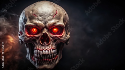 Glowing Red-Eyed Skull with Fangs and Smoke photo