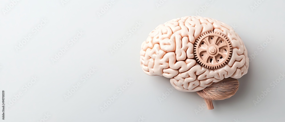 Top-down perspective of a brain with two turning gears, light grey background, high contrast, minimalist approach, sharp mechanical detail, modern style Top-down perspective of a brain with two turning gears, light grey background, high contrast, minimalist approach, sharp mechanical detail, modern style