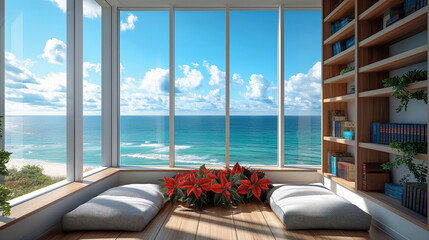 Christmas bookshelf background of interior home library study virtual room window view of tropical ocean beach. Aqua blue water. Poinsettia holiday flowers. Online presentation teams meeting backdrop