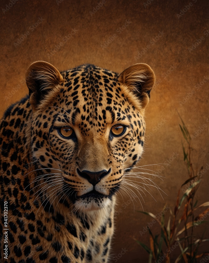 Obraz premium Illustration of a leopard looking at the camera with orange background. Safari, Wildlife, Nature, Africa