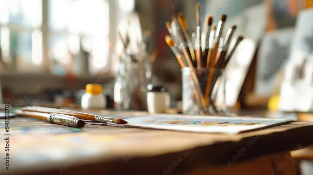 A vibrant art studio scene showcasing brushes and paints on a wooden table, ready for creative exploration. A vibrant art studio scene showcasing brushes and paints on a wooden table, ready for creative exploration.