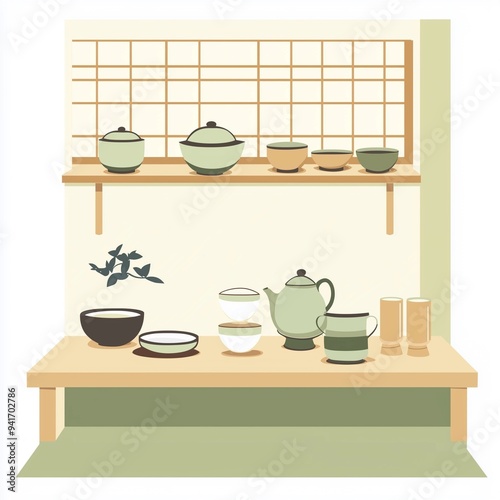 Vector Illustration Of Table Where And Kitchen Items