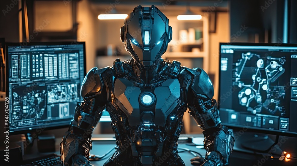 In a well-lit studio, a model displays an elaborate sci-fi armor costume, complete with metallic textures and high-tech details, In a well-lit studio, a model displays an elaborate sci-fi armor costume, complete with metallic textures and high-tech details,