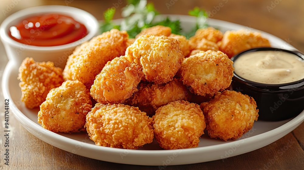 Crispy fried chicken nuggets, a kid-friendly favorite, served with a variety of dipping sauces.