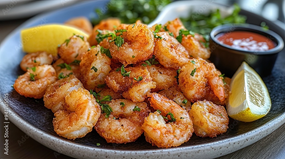 Crispy fried shrimp, served with a cocktail sauce and a lemon wedge. Crispy fried shrimp, served with a cocktail sauce and a lemon wedge.