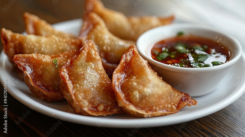 Deep-fried wontons filled with a savory pork and shrimp mixture, served with a sweet and sour dipping sauce. Deep-fried wontons filled with a savory pork and shrimp mixture, served with a sweet and sour dipping sauce.