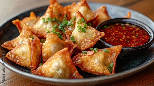 Deep-fried wontons filled with a savory pork and shrimp mixture, served with a sweet and sour dipping sauce.