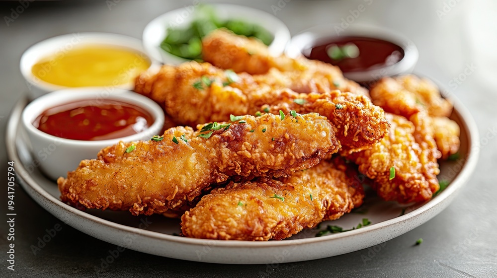 Crispy fried chicken tenders, served with a variety of dipping sauces, including honey mustard and barbecue. Crispy fried chicken tenders, served with a variety of dipping sauces, including honey mustard and barbecue.