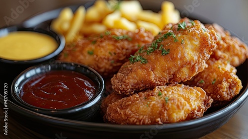 Crispy fried chicken tenders, served with a variety of dipping sauces, including honey mustard and barbecue.