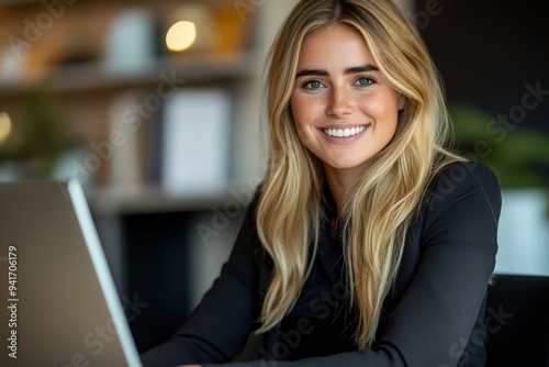 A businesswoman with a positive expression uses her laptop in a stylish, sunlit office.