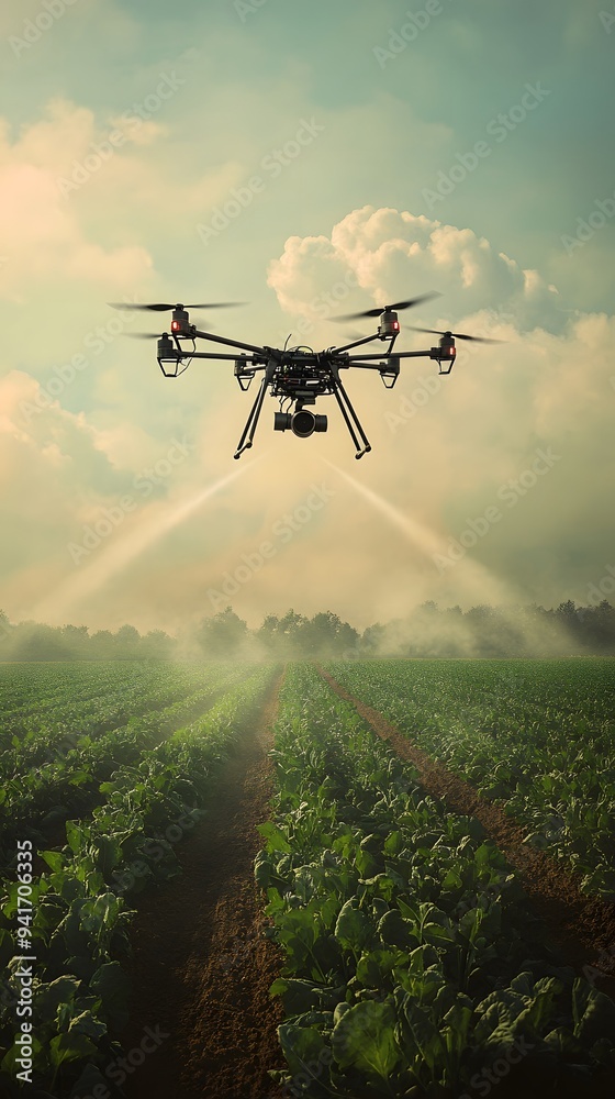 Fototapeta premium Dramatic photo of an organic farm with drones spraying non-toxic pesticides